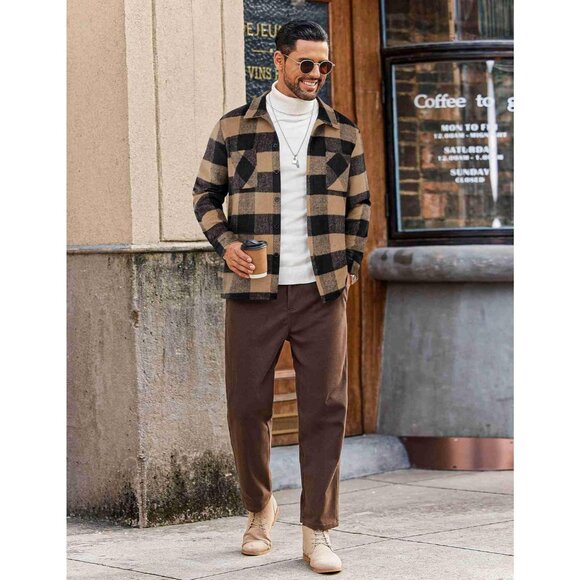 Men's Buffalo Brown Flannel Shirts Casual Button Down Plaid Shirt with Pockets - Picture 4 of 6